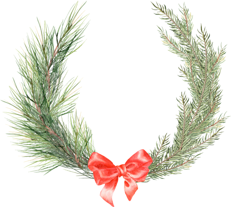 Christmas wreath of pine branches tied with a red satin bow, Grey Barn Handwerk, Saskatchewan.